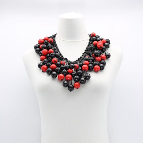 Berry Beads on Hand-woven Cotton Cord Necklace - Black/Red