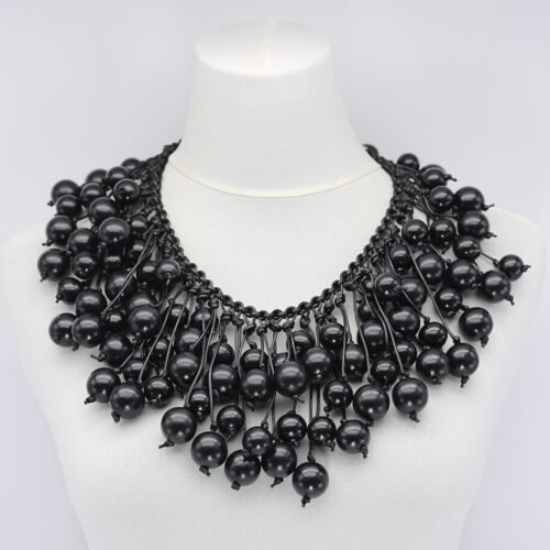 Berry Beads on Hand-woven Cotton Cord Necklace - Black