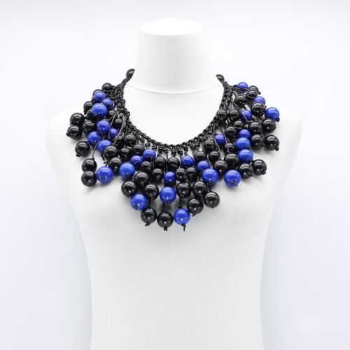 Berry Beads on Hand-woven Cotton Cord Necklace - Black/Cobalt Blue