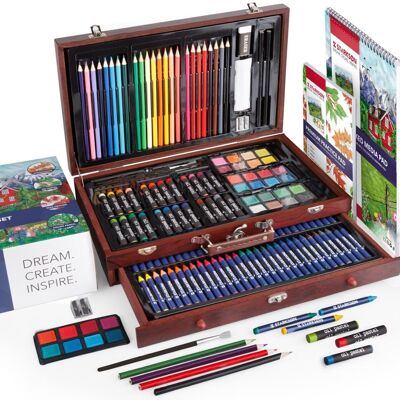 Set da disegno in legno STARKSØN da 141 pezzi, include matite colorate, pastelli a olio, acquerelli e colori ad acquerello