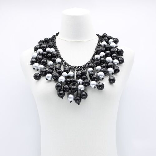 Berry Beads on Hand-woven Cotton Cord Necklace - Black/Silver