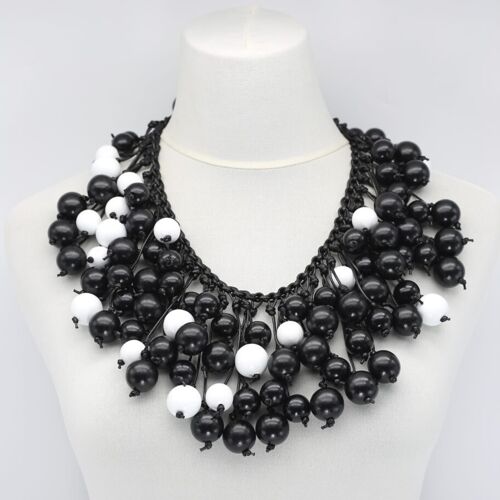 Berry Beads on Hand-woven Cotton Cord Necklace - Black/White