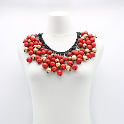 Collier de perles de baies sur cordon de coton tissé à la main - Rouge/Or