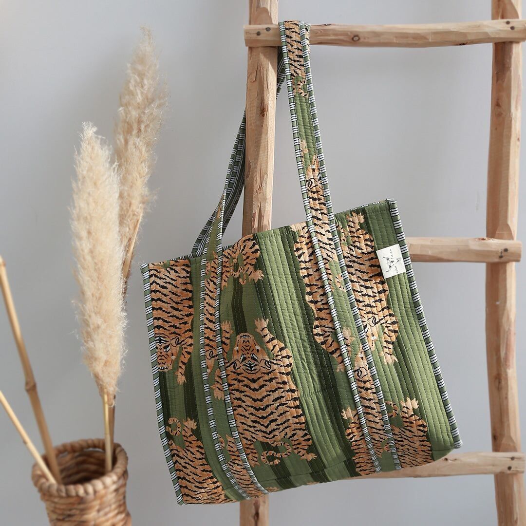 Borsa a tracolla Blockprint leopardo verde