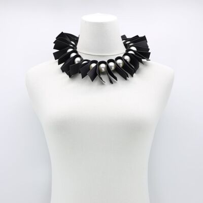 U-shaped Leatherette & Round Beads Necklace - Silver