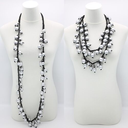 Berry Beads on Cotton Cord Necklace - Long - Silver