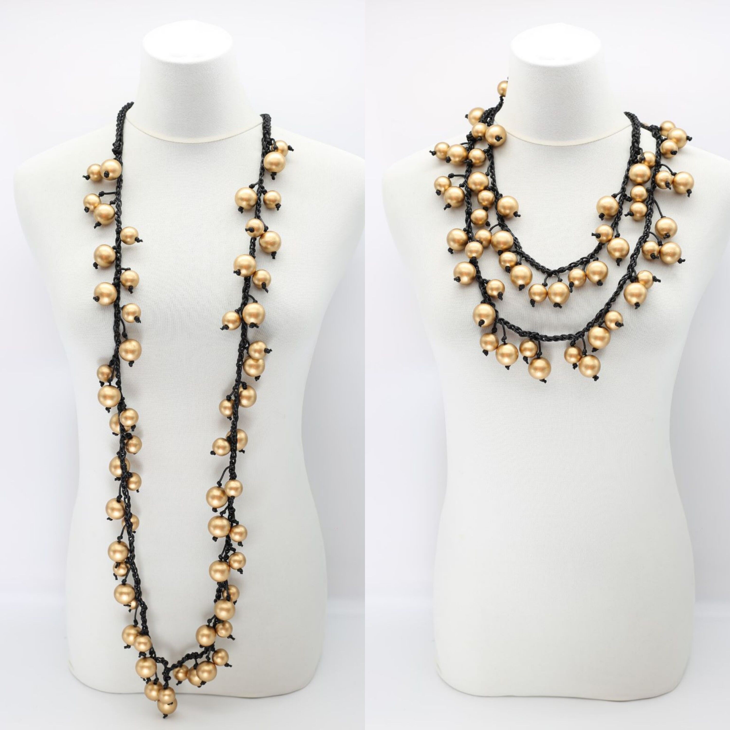 Collana di cordone di cotone con perline di bacche - Lunga - Oro