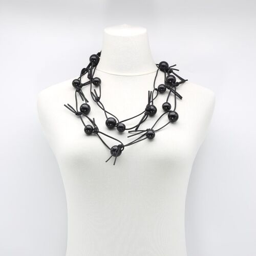 Round Beads on Leatherette Chain Necklace - Black