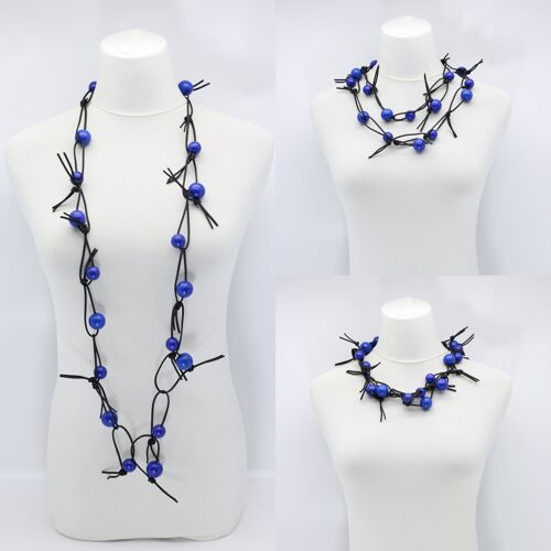 Round Beads on Leatherette Chain Necklace - Cobalt Blue