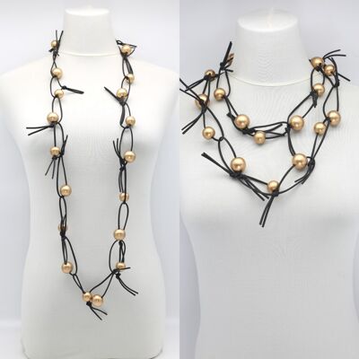Round Beads on Leatherette Chain Necklace - Gold
