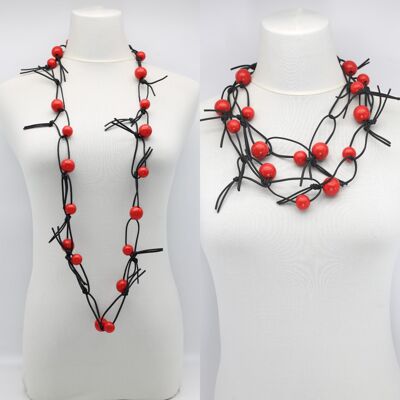 Round Beads on Leatherette Chain Necklace - Red