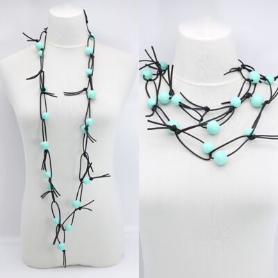 Round Beads on Leatherette Chain Necklace - Turquoise