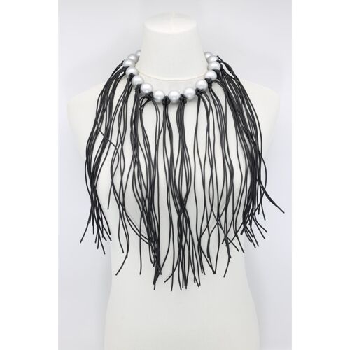 Round Beads & Leatherette Fringe Necklace - Silver