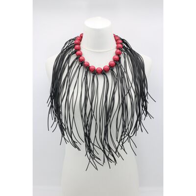 Round Beads & Leatherette Fringe Necklace - Burgundy