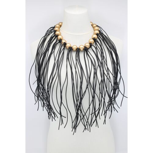 Round Beads & Leatherette Fringe Necklace - Gold