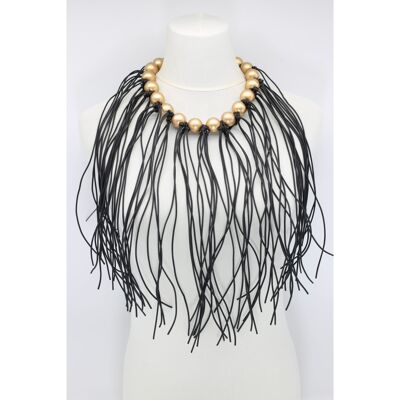 Round Beads & Leatherette Fringe Necklace - Gold