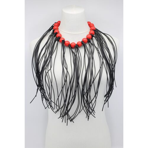Round Beads & Leatherette Fringe Necklace - Red