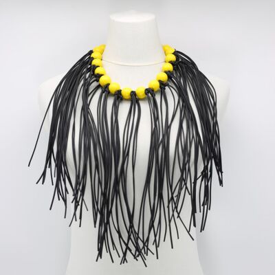 Round Beads & Leatherette Fringe Necklace - Yellow