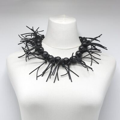 Round Beads & Leatherette Fringe Collar Necklace - Black