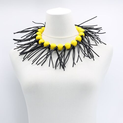 Round Beads & Leatherette Fringe Collar Necklace - Yellow