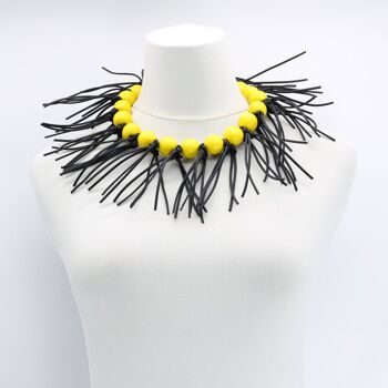 Collier à Franges en Similicuir et Perles Rondes - Jaune