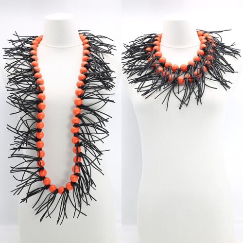 Round Beads & Leatherette Spikes Necklace - Orange