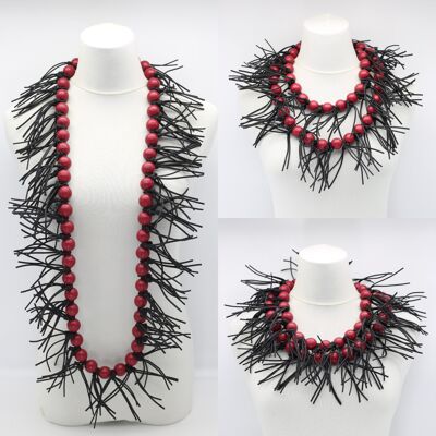 Round Beads & Leatherette Spikes Necklace - Burgundy