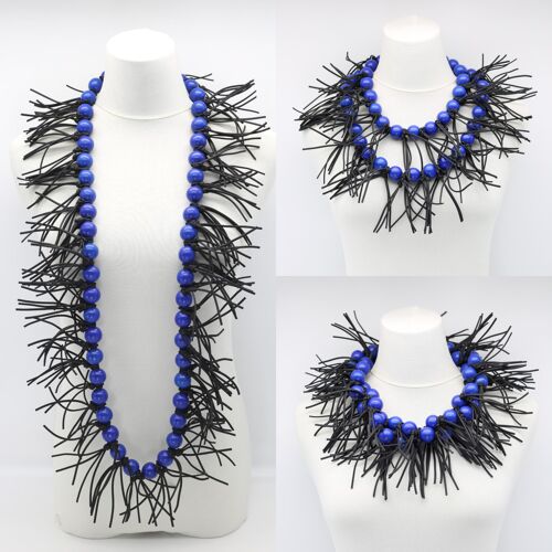 Round Beads & Leatherette Spikes Necklace - Cobalt Blue