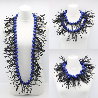 Collier Perles Rondes & Pointes Simili Cuir - Bleu Cobalt