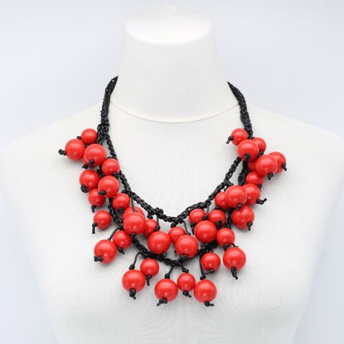 Hand Crocheted Round Wooden Beads Double Row Necklace - Red