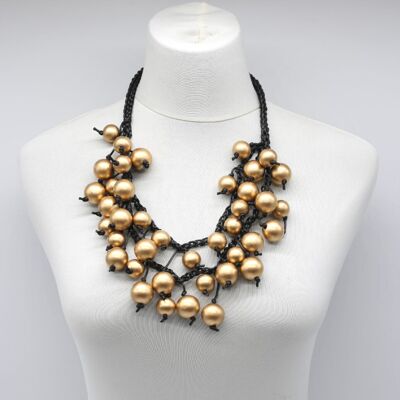 Hand Crocheted Round Wooden Beads Double Row Necklace - Gold