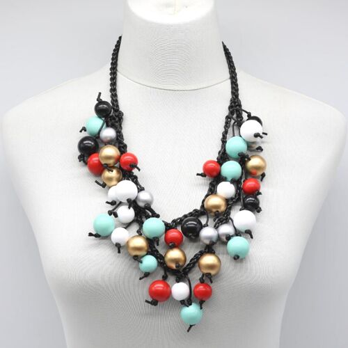 Hand Crocheted Round Wooden Beads Double Row Necklace - Multi