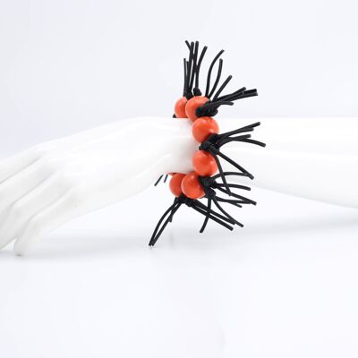 Round Beads and Leatherette Spikes Bracelet - Orange