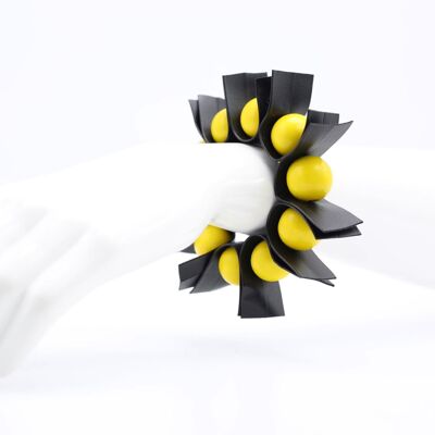 U-shaped Leatherette Ribbons & Round Beads Bracelet - Yellow
