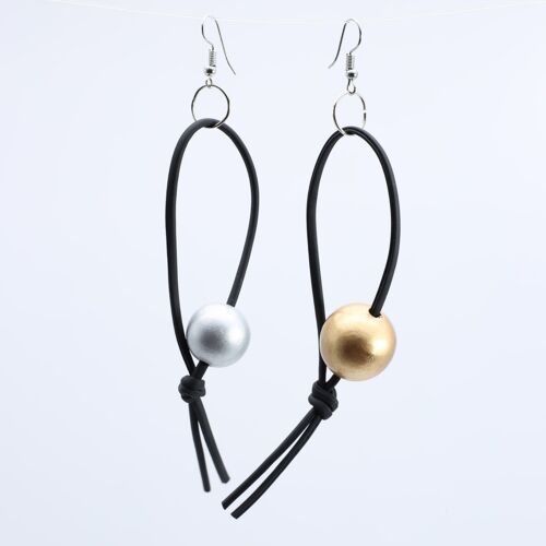 Round Beads on Leatherette Loop Earrings - Silver/Gold