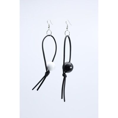 Round Beads on Leatherette Loop Earrings - Black/White