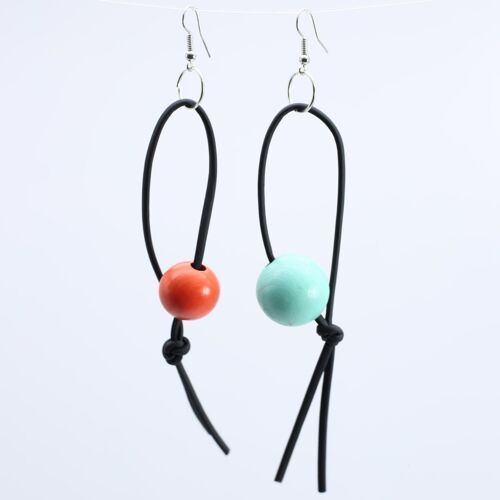 Round Beads on Leatherette Loop Earrings - Turquoise/Orange