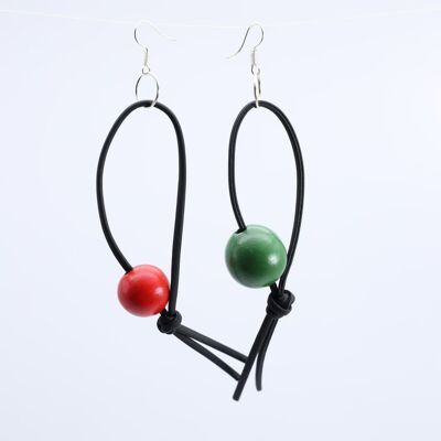 Round Beads on Leatherette Loop Earrings - Spring Green/Red