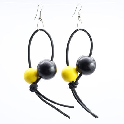 Round Beads on Leatherette Loop Earrings - Double - Black/Yellow