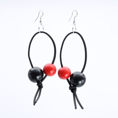 Round Beads on Leatherette Loop Earrings - Double - Black/Red