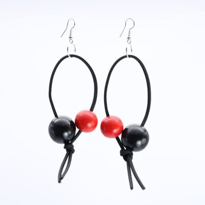 Boucles D'oreilles Perles Rondes Sur Similicuir - Double - Noir/Rouge