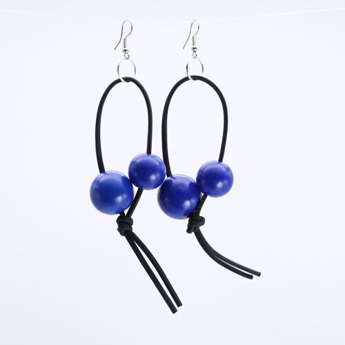 Round Beads on Leatherette Loop Earrings - Double - Cobalt Blue