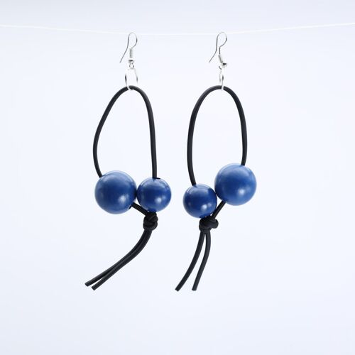 Round Beads on Leatherette Loop Earrings - Double - Pantone Classic Blue