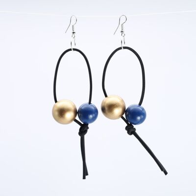 Round Beads on Leatherette Loop Earrings - Double - Pantone Classic Blue/Gold