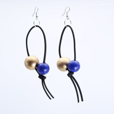 Round Beads on Leatherette Loop Earrings - Double - Cobalt Blue/Gold