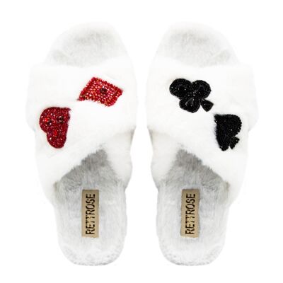 Pantofola fatta a mano di lusso Olivia Cream con strass e peluche | RETTROSE |