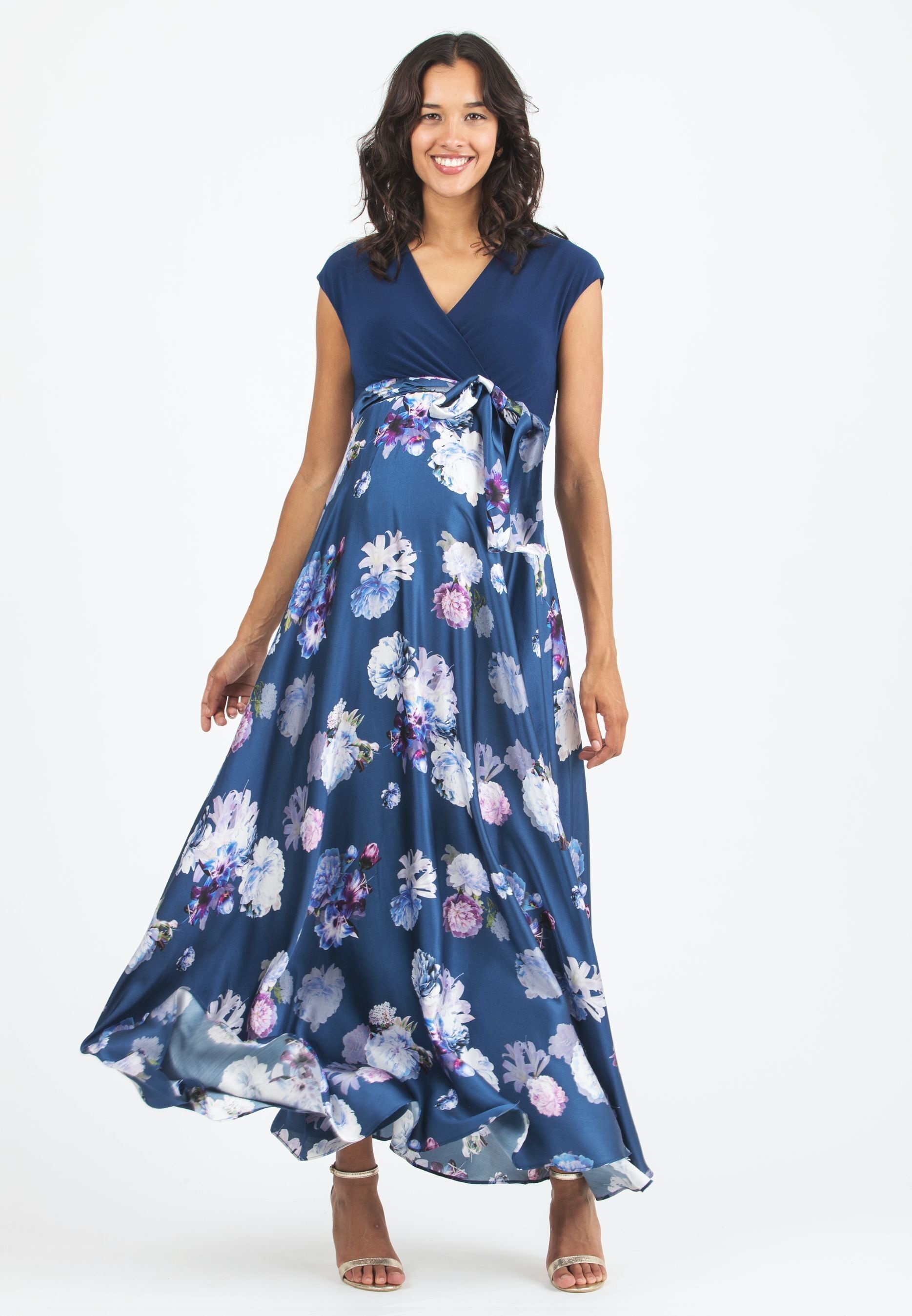 LUCREZIA F - Maternity & Nursing Dress with Printed Satin Flared Skirt