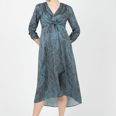 BELEN M/L – Umstands- und Stillkleid aus bedrucktem Satin mit geknotetem Oberteil und 3/4-Ärmeln