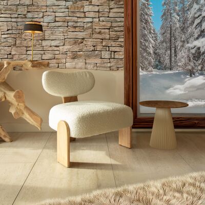 POLTRONA IN TESSUTO BOUCLETTE BIANCO CON GAMBE IN LEGNO 70X72X72CM HELLA