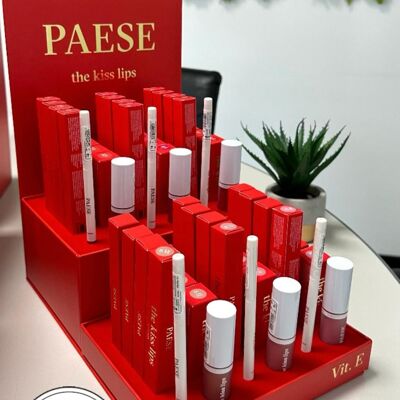 Présentoir crayons et rouge à lèvres "THE KISS LIPS" de PAESE – 42 pièces et 12 testeurs - packs découverte / pack implantation - WYS206